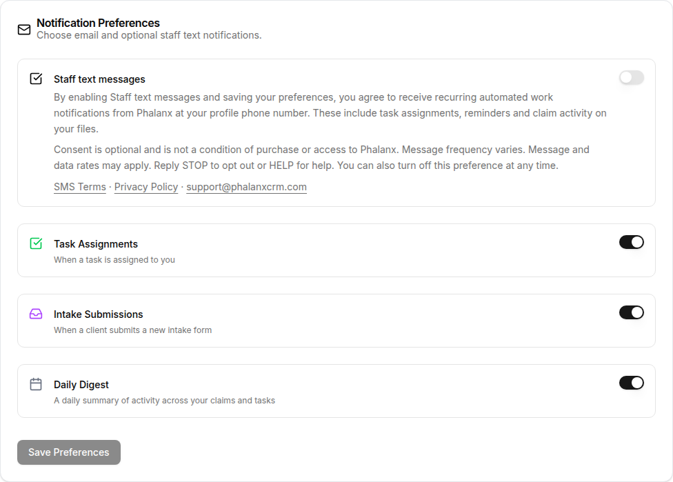 Actual Phalanx notification preferences: Staff text messages is off, the consent disclosure and policy links are visible, and Save Preferences is disabled until a preference changes.